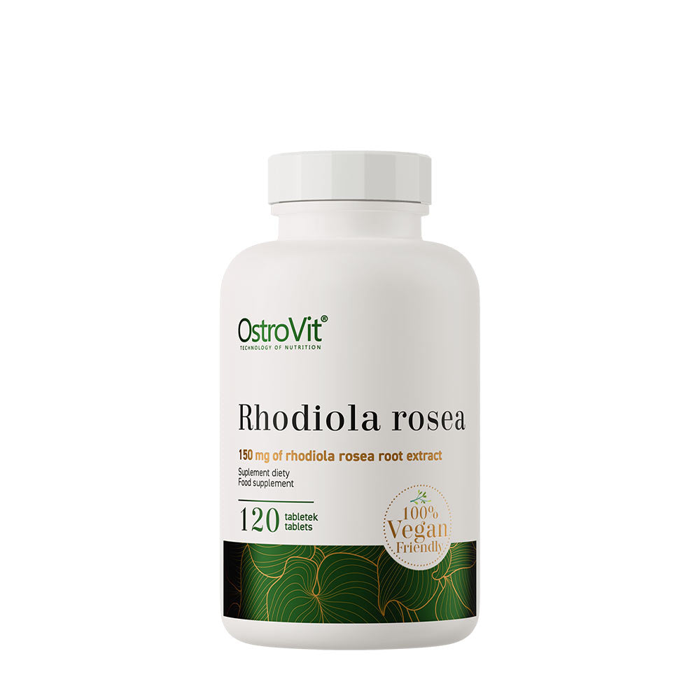 OstroVit Rhodiola Rosea supplement bottle with 120 vegan-friendly tablets containing 150 mg of extract.