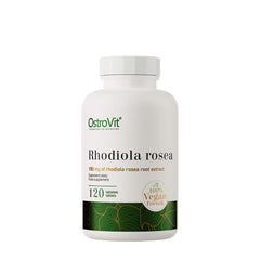 OstroVit Rhodiola Rosea supplement bottle with 120 vegan-friendly tablets containing 150 mg of extract.