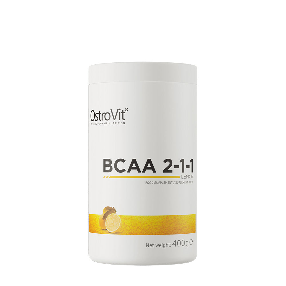 OstroVit BCAA 2-1-1 lemon flavor supplement, 400g container for muscle recovery and support.