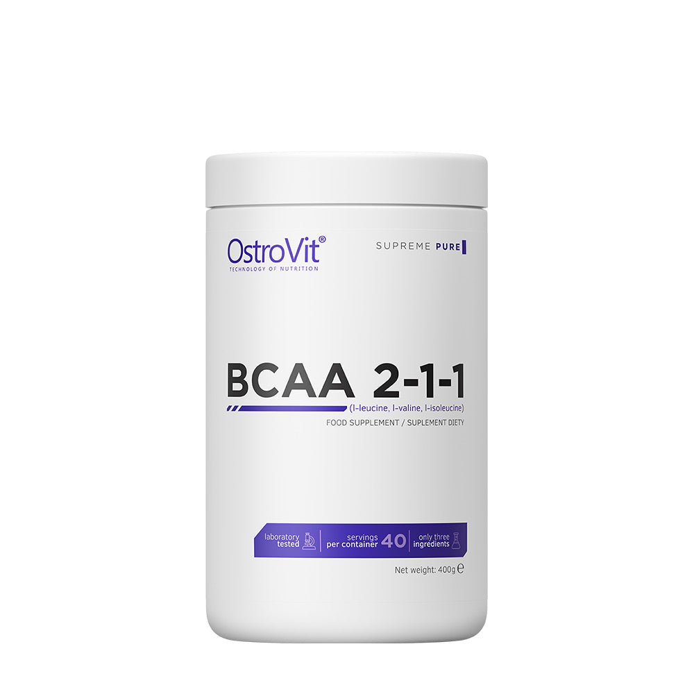 OstroVit BCAA 2-1-1 supplement container, 400g, offers essential amino acids leucin, valin, isoleucin for muscle support.