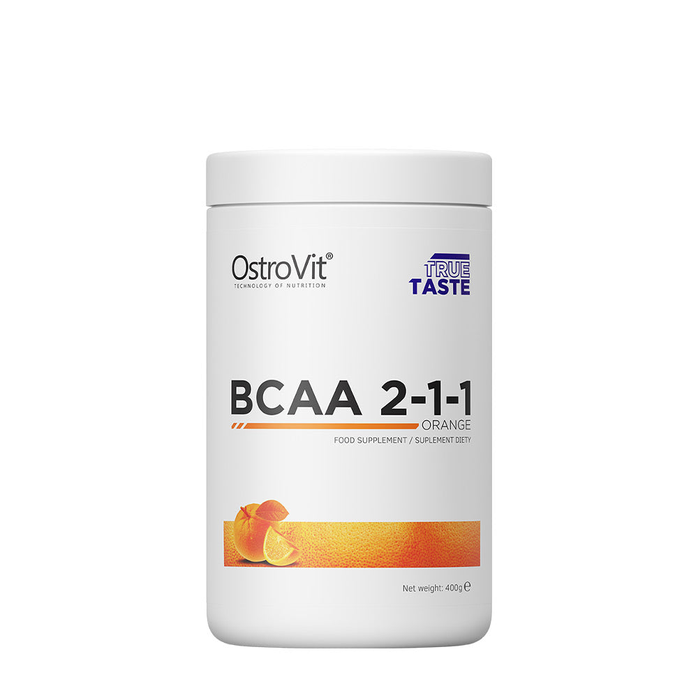 OstroVit BCAA 2-1-1 orange flavor, 400g container, supplement with essential amino acids.