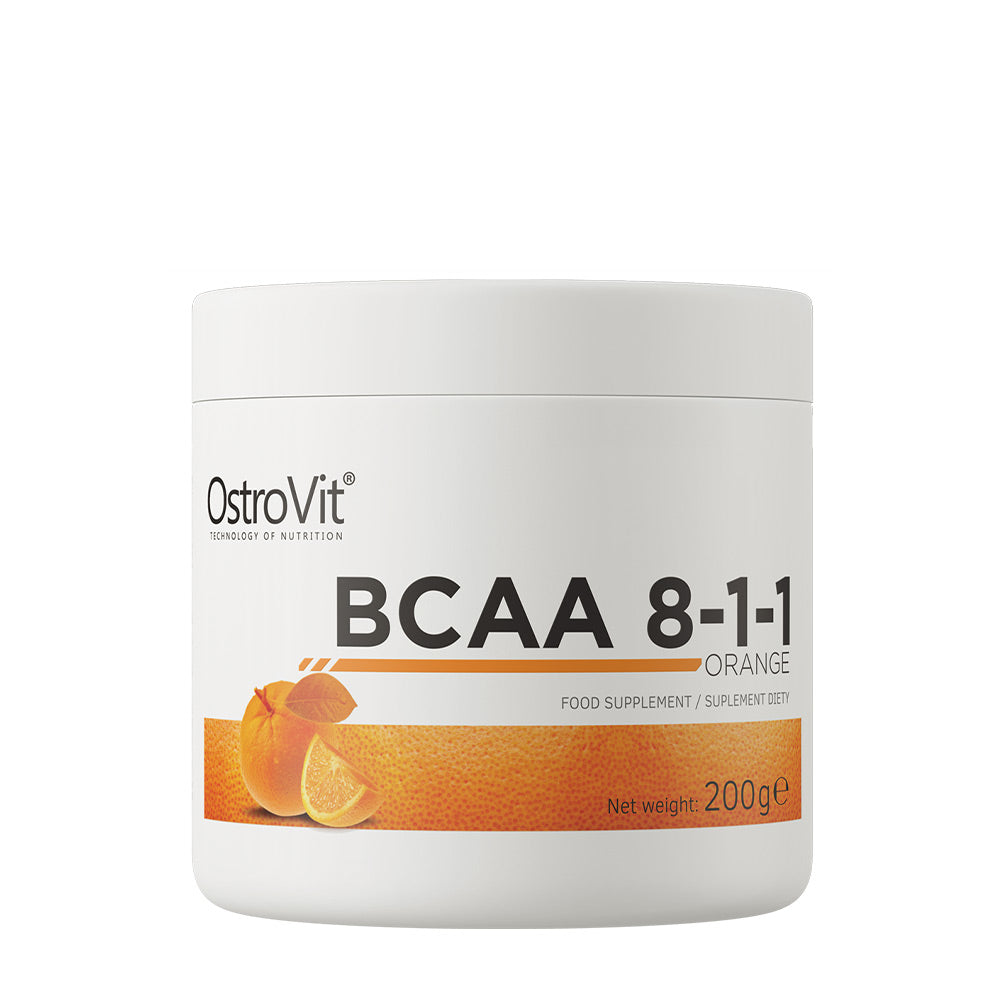OstroVit BCAA 8-1-1 orange flavor supplement, 200g container for muscle support and recovery.