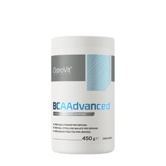 OstroVit BCAAdvanced supplement container, 450g, featuring BCAA, glutamine, and electrolytes in green apple flavor.