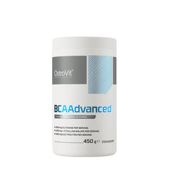 OstroVit BCAAdvanced supplement canister, 450g strawberry flavor, high in BCAAs and electrolytes.