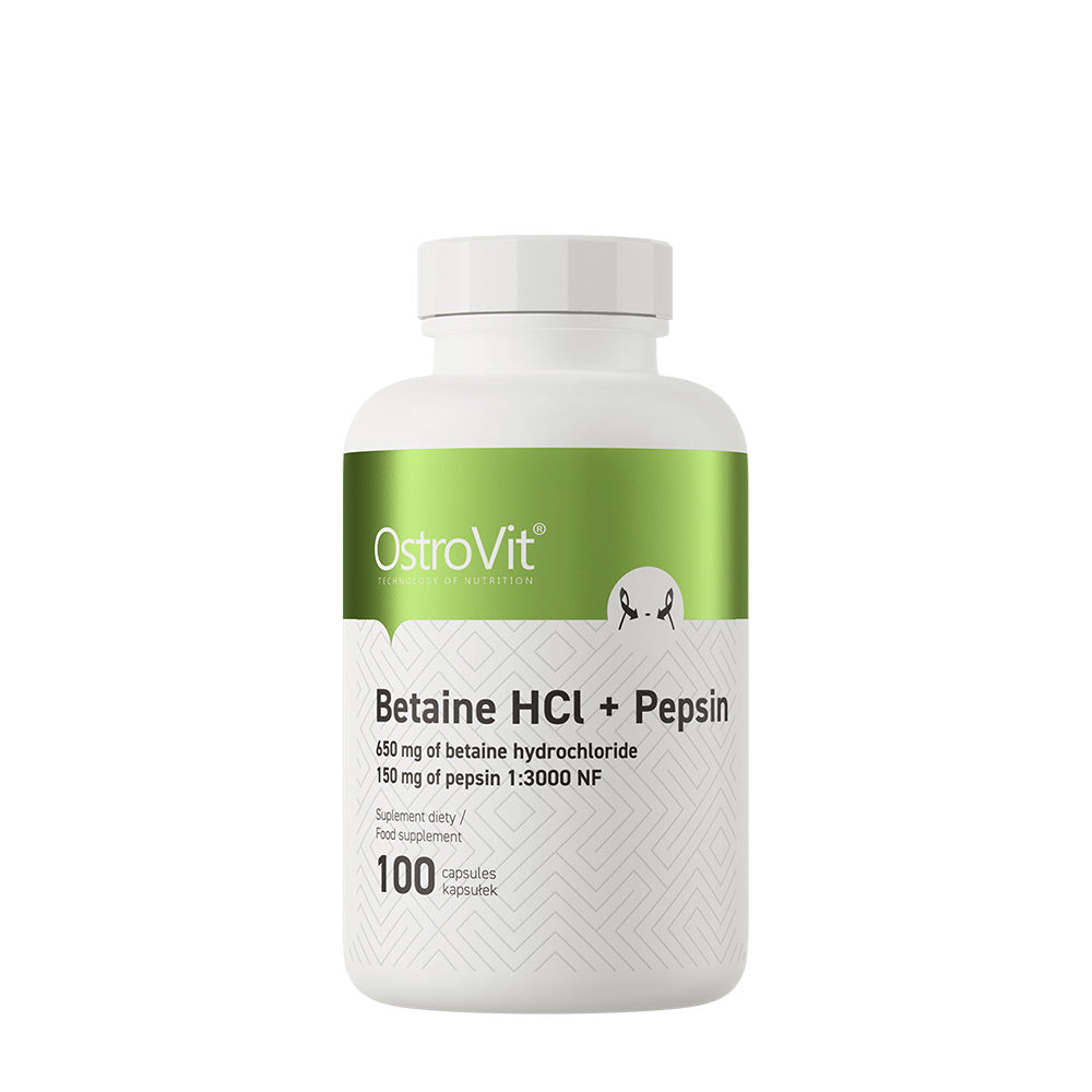 OstroVit Betaine HCl + Pepsin supplement bottle, 650 mg betaine hydrochloride and 150 mg pepsin, 100 capsules.