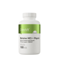 OstroVit Betaine HCl + Pepsin supplement bottle, 650 mg betaine hydrochloride and 150 mg pepsin, 100 capsules.