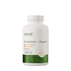 OstroVit Bromelain + Papain supplement bottle with 500 mg bromelain and 200 mg papain, 100% vegan-friendly.