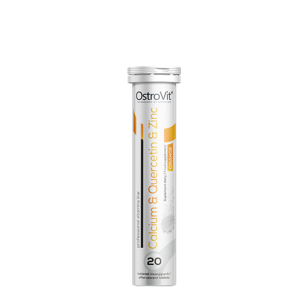 OstroVit Calcium & Quercetin & Zinc effervescent tablets in orange flavor, convenient dietary supplement for immune support.