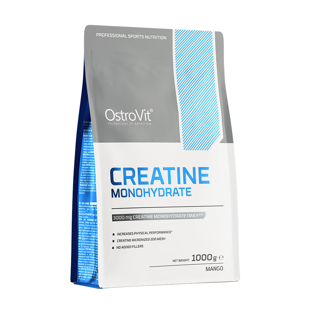 OstroVit Creatine Monohydrate package in mango flavor, 1000g, enhances physical performance, no added fillers.