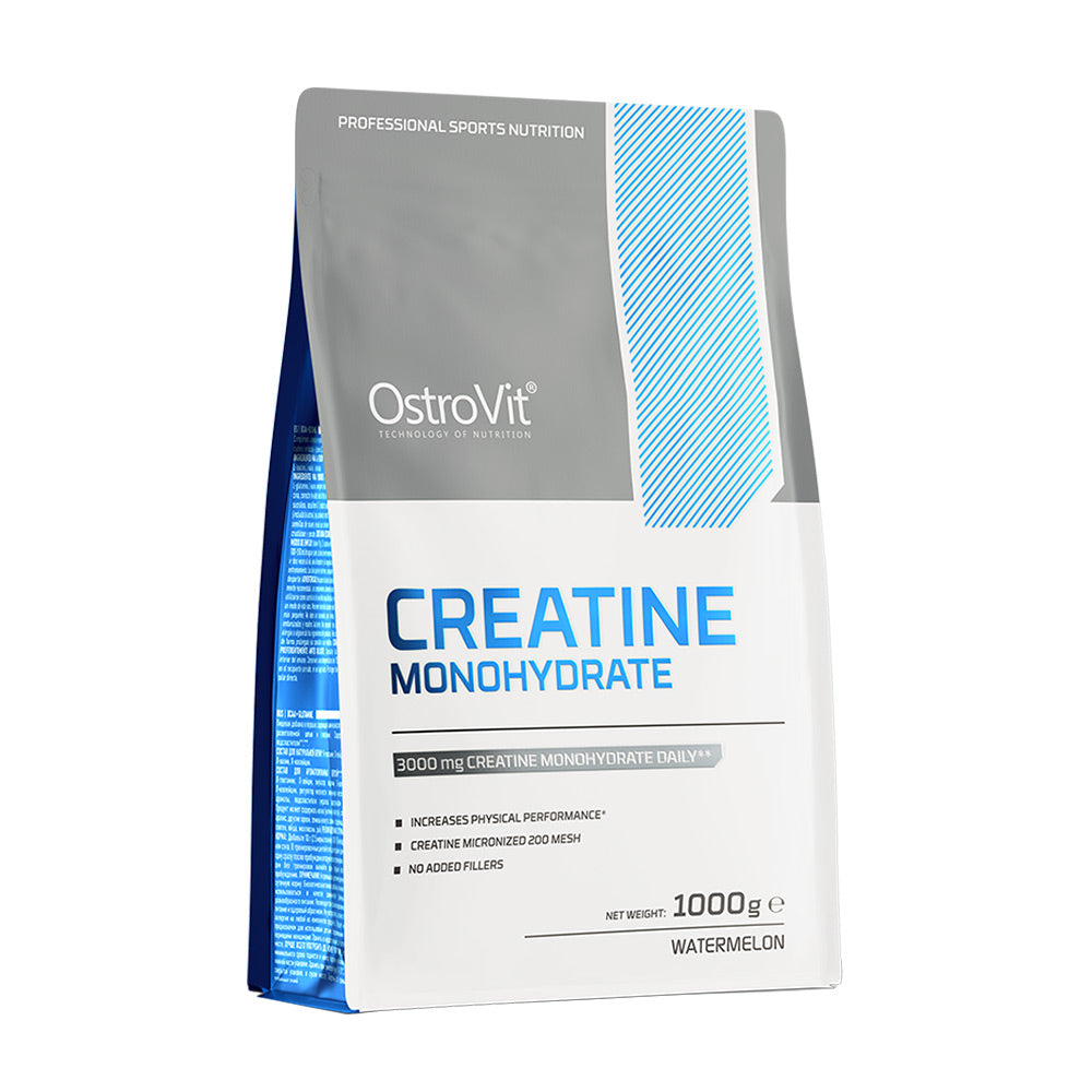 OstroVit Creatine Monohydrate 1000g powder bag in watermelon flavor for enhanced sports performance.