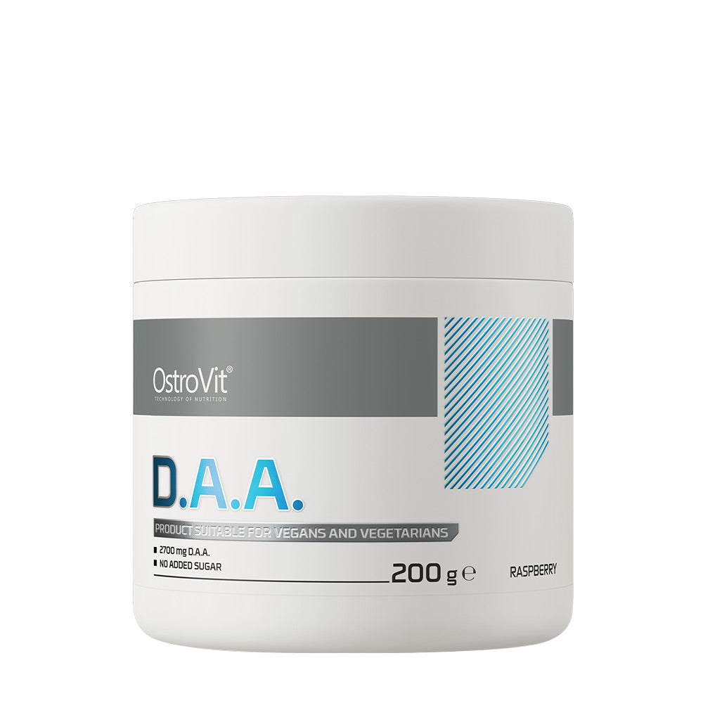 OstroVit DAA Powder 200g in raspberry flavor, suitable for vegans and vegetarians, no added sugar.