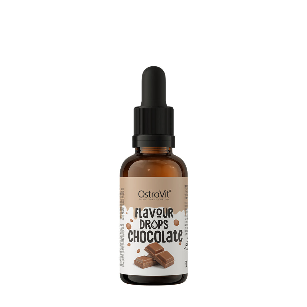 OstroVit Flavour Drops Chocolate bottle, low-calorie sweetener for flavoring food.