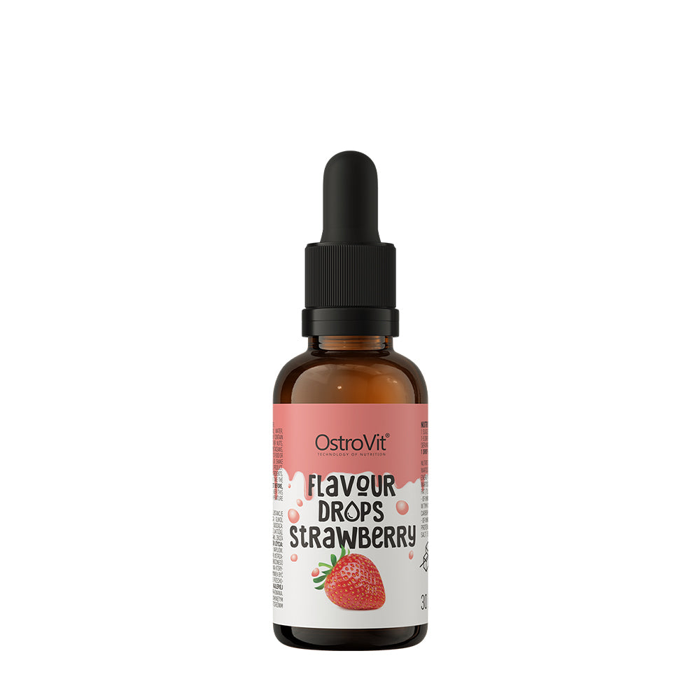 OstroVit Flavour Drops Strawberry bottle with dropper for enhancing daily meals.