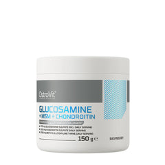 OstroVit Glucosamine MSM Chondroitin powder container with raspberry flavor for joint health support.