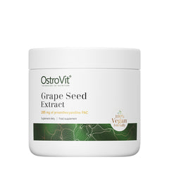OstroVit Grape Seed Extract powder container, 285 mg of proanthocyanidins PAC, 100% vegan-friendly supplement.