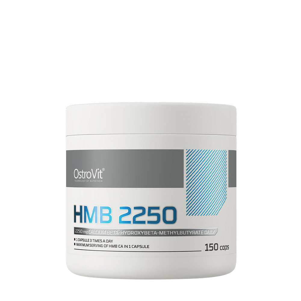OstroVit HMB 2250 mg supplement container with 150 capsules for muscle support and effective dosage
