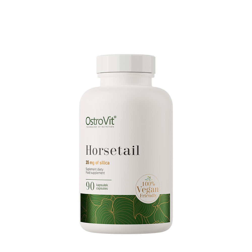 OstroVit Hästsvans VEGE vegan kosttillskott med 90 kapslar, innehållande 35 mg kiseldioxid per portion.