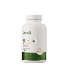 OstroVit Hästsvans VEGE vegan kosttillskott med 90 kapslar, innehållande 35 mg kiseldioxid per portion.