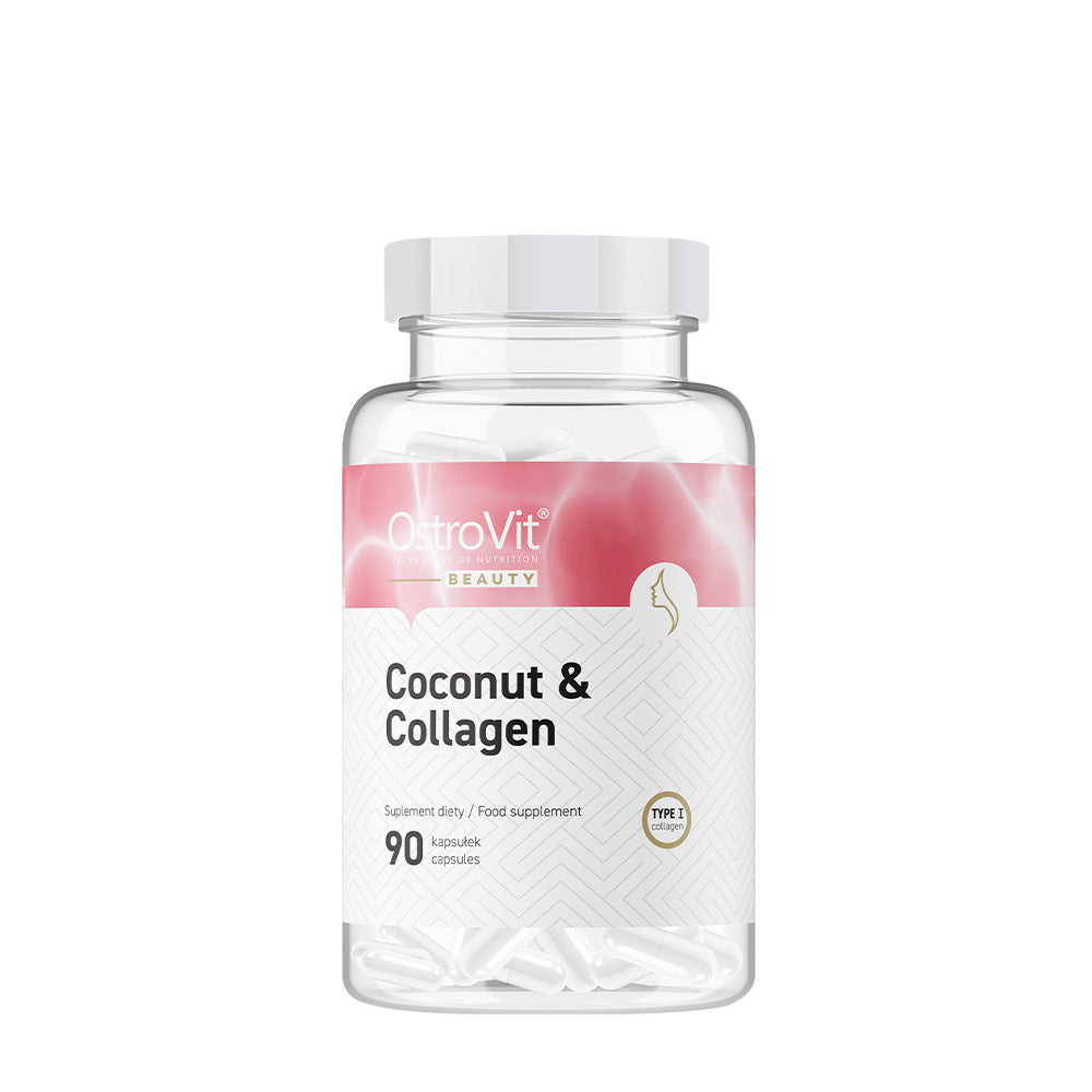 OstroVit Coconut & Collagen supplement bottle with 90 capsules for skin health and energy support.