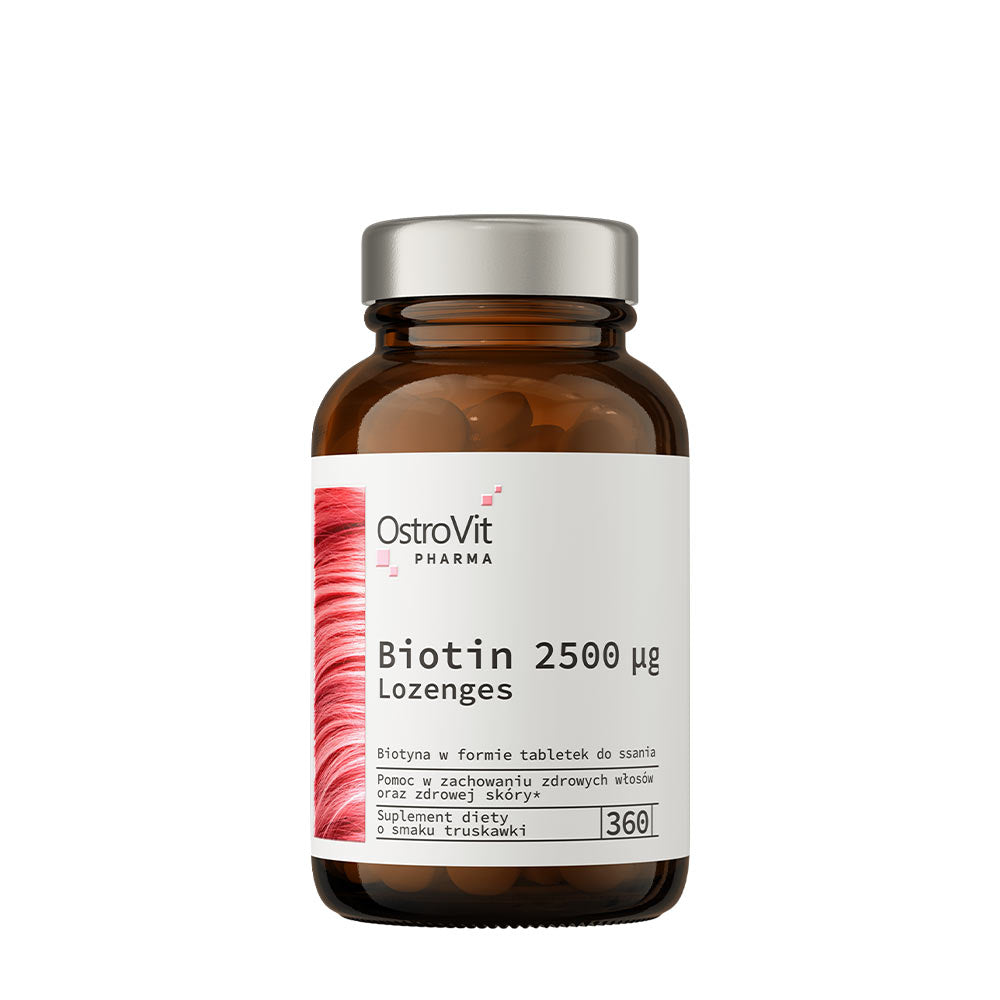 OstroVit Pharma Biotin 2500 µg lozenges in a brown bottle for healthy hair and skin.