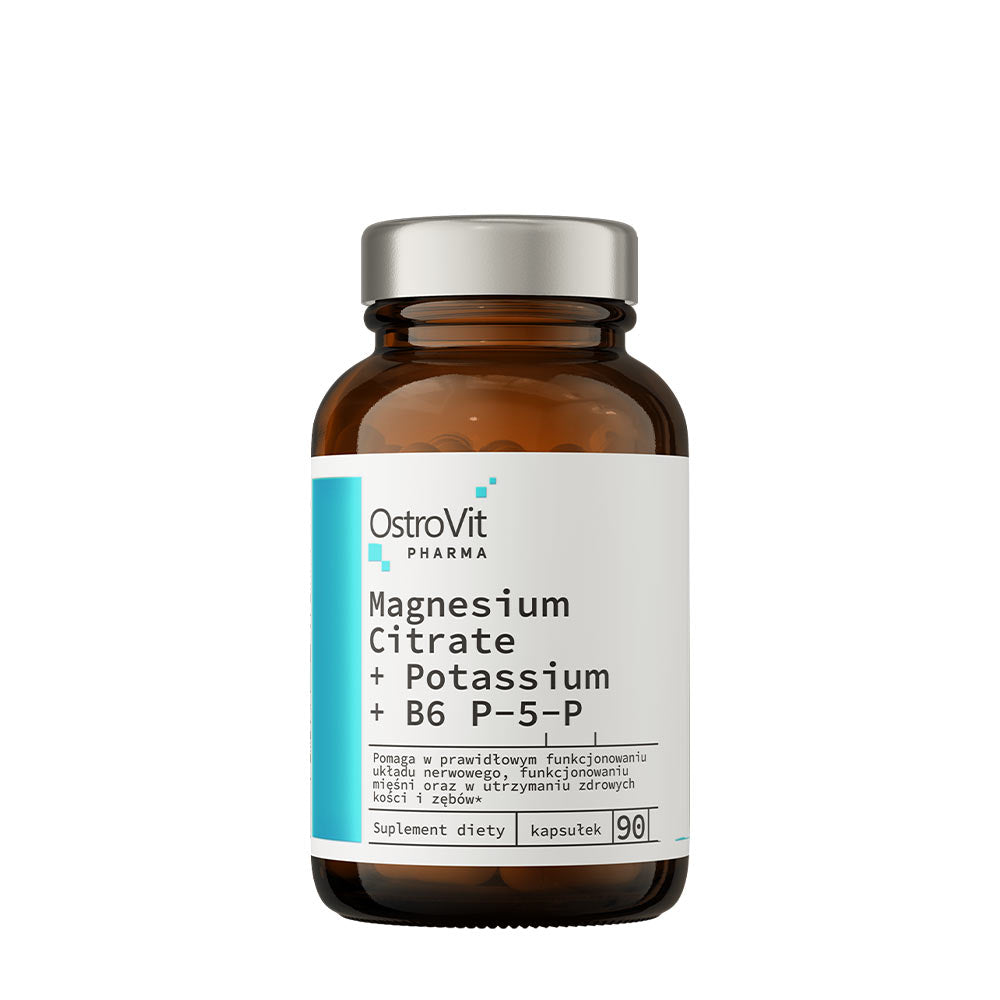 OstroVit Pharma Magnesium Citrate, Potassium, B6 P-5-P supplement bottle with 90 capsules.