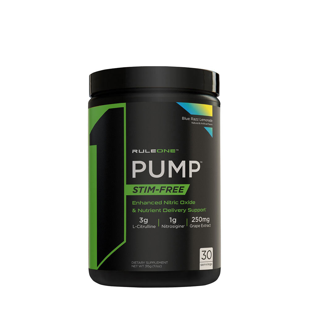 Rule One PUMP Stim-Free pre-workout supplement for enhanced nitric oxide and nutrient delivery, 30 servings.
