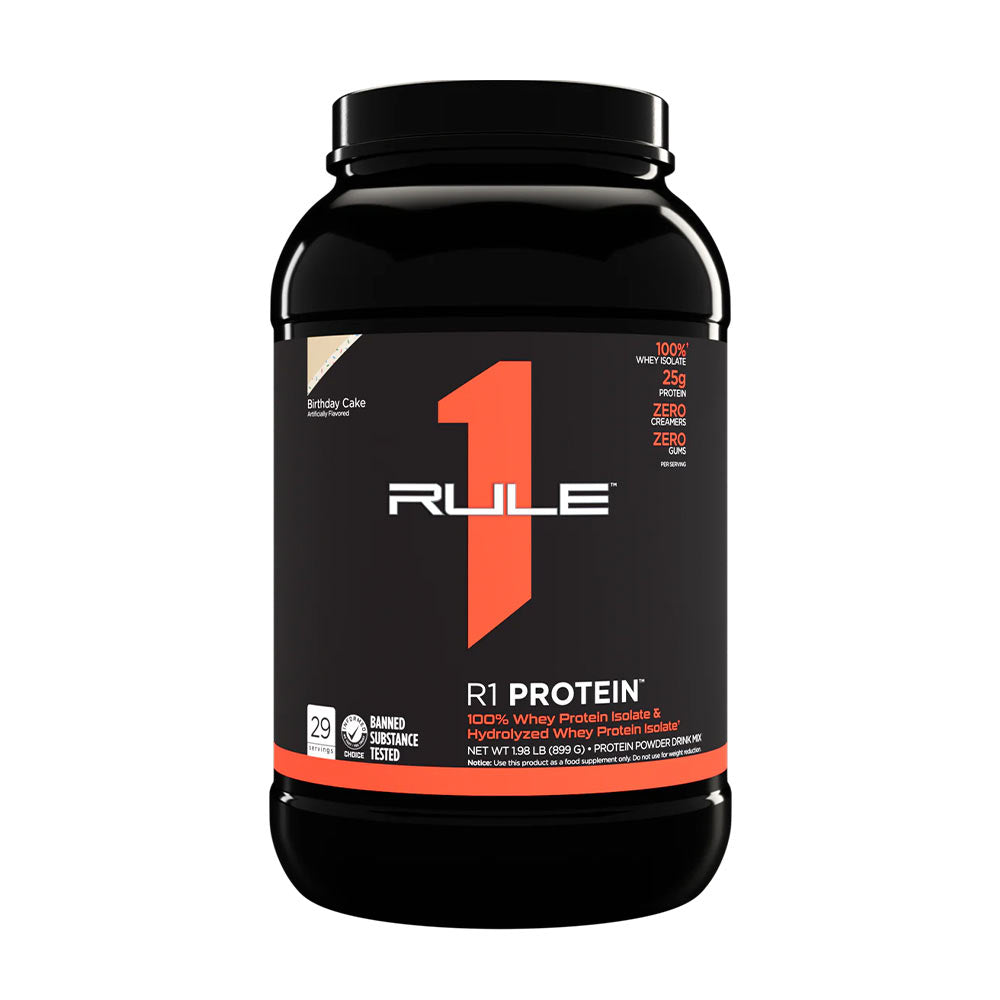 R1 Protein by Rule One, 100% whey protein isolate with 25g protein and zero additives, packaged in a black tub.