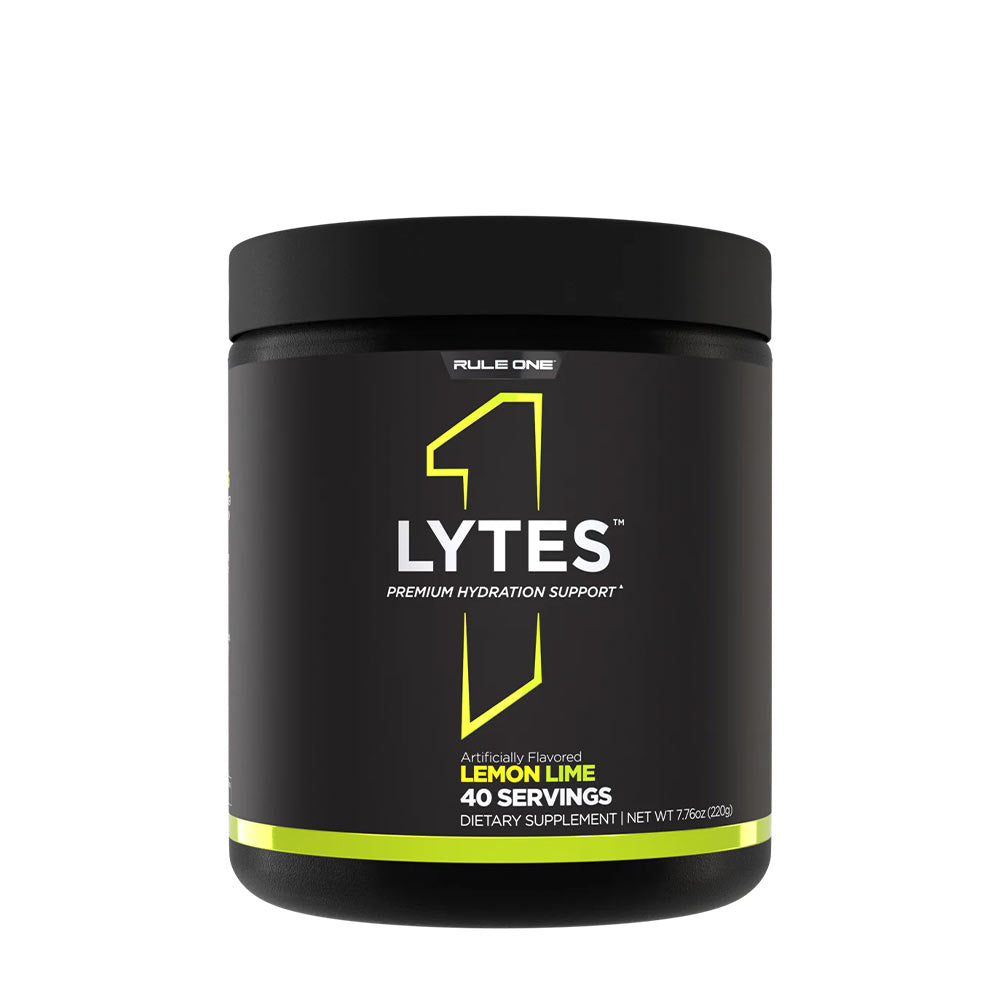 Rule One Lytes+ Lemon Lime powder for hydration, supports electrolyte balance, with 40 servings in a black container.