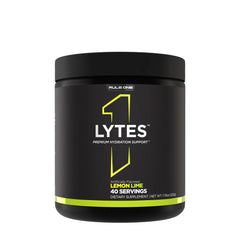 Rule One Lytes+ Lemon Lime powder for hydration, supports electrolyte balance, with 40 servings in a black container.