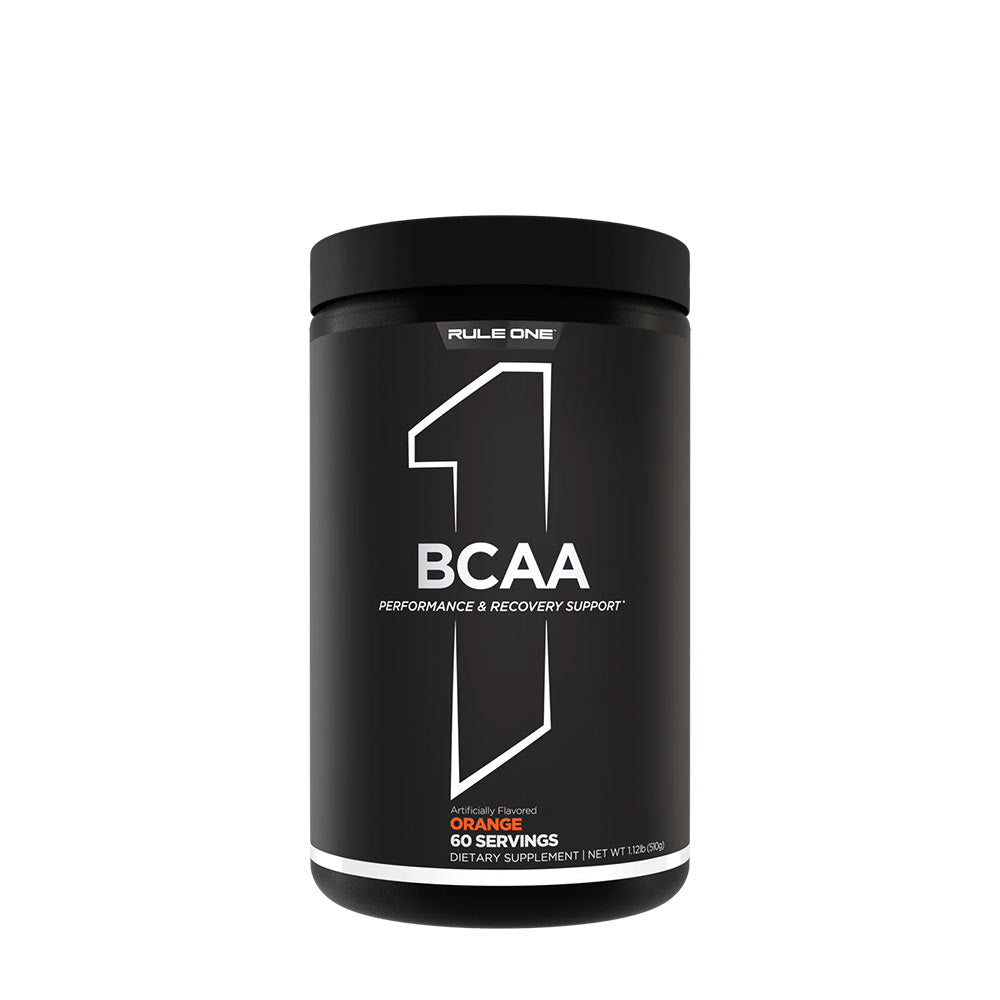 Rule One BCAA supplement in orange flavor for muscle recovery and performance support, 60 servings.