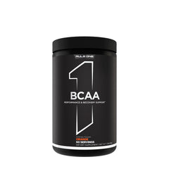 Rule One BCAA supplement in orange flavor for muscle recovery and performance support, 60 servings.