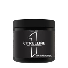 Rule One Citrulline supplement tub for muscle growth and endurance support, unflavored, 60 servings.
