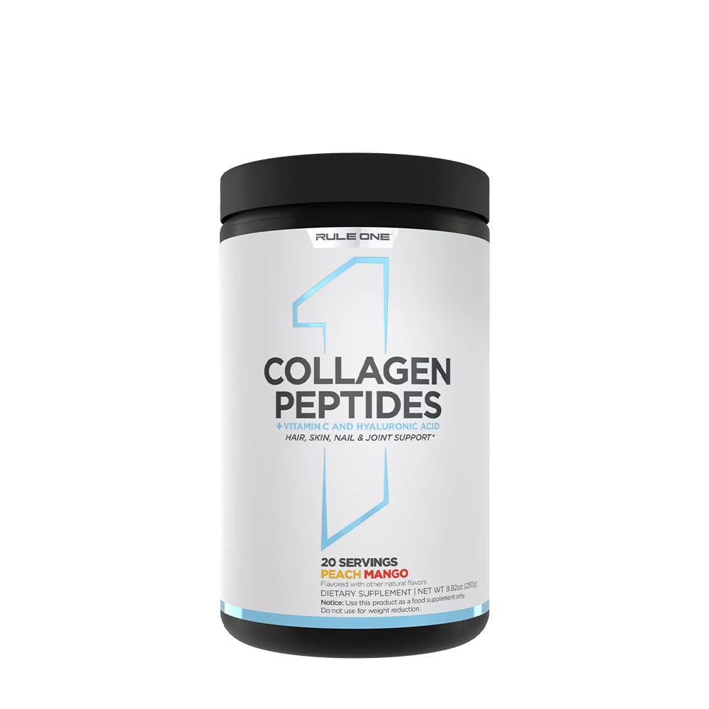 Rule One Collagen Peptides supplement jar for hair, skin, nails, and joint support, flavor peach mango.