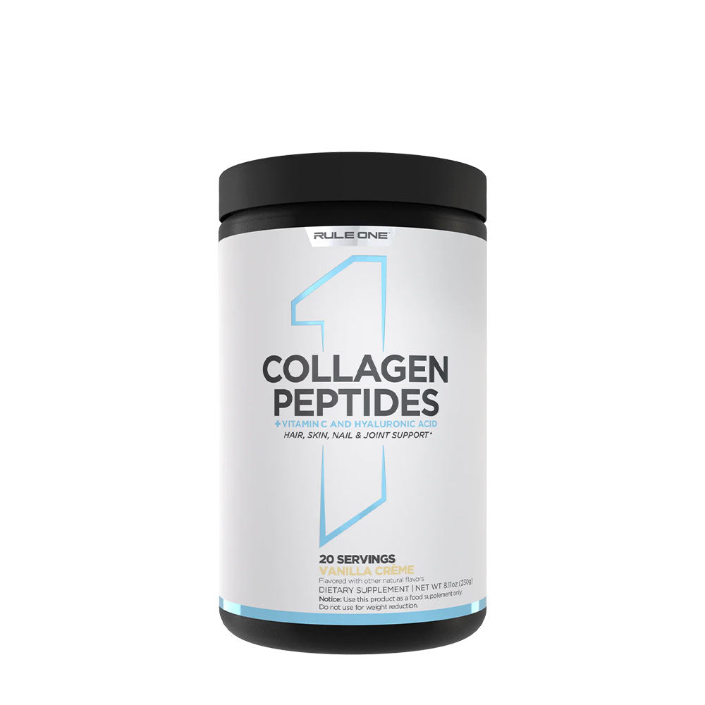 Rule One Collagen Peptides supplement, 20 servings, supports hair, skin, nails, and joints, gluten-free and milk-free.