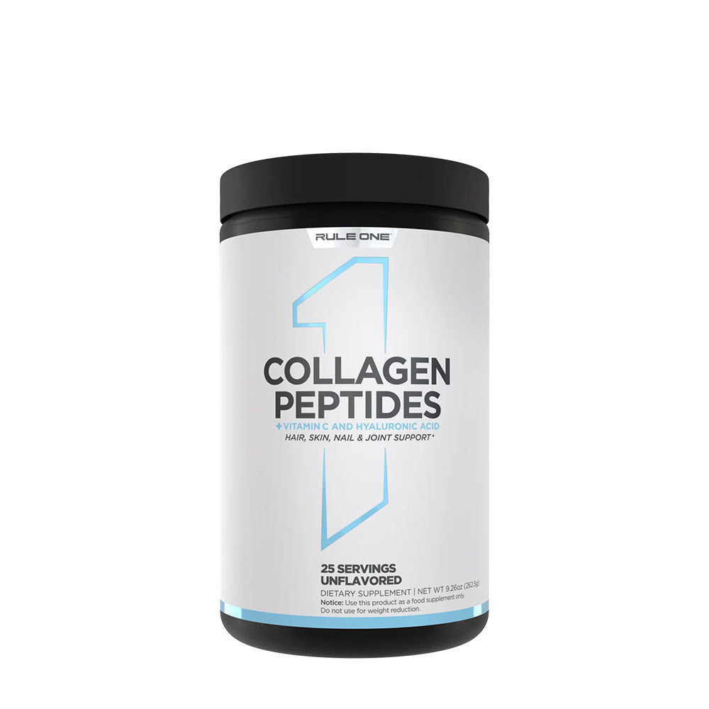 Rule One Collagen Peptides container, unflavored dietary supplement for hair, skin, nails, and joint support.