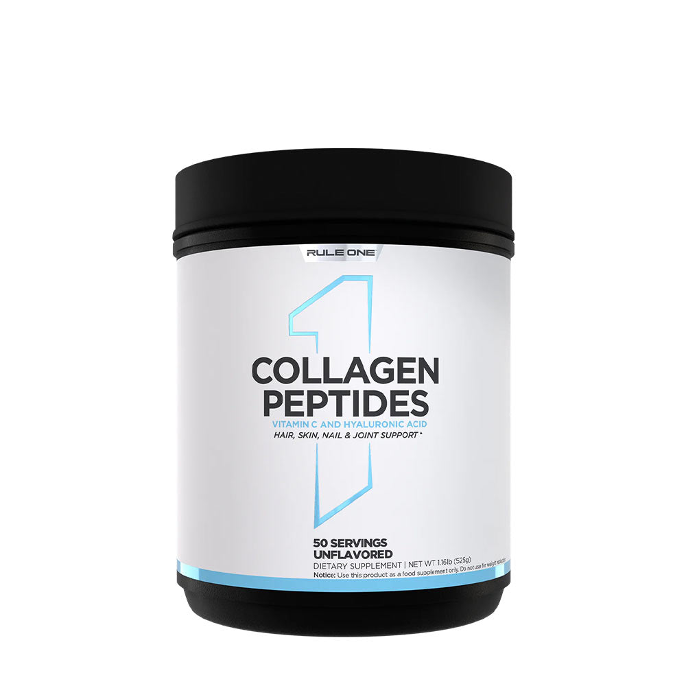 Rule One Collagen Peptides container, 50 servings, supports hair, skin, nails, and joints, unflavored dietary supplement.