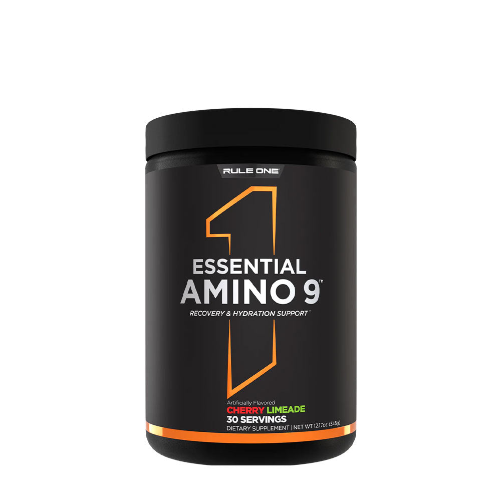 Rule One Essential Amino 9 Cherry Limeade supplement, 30 servings for muscle recovery and hydration.