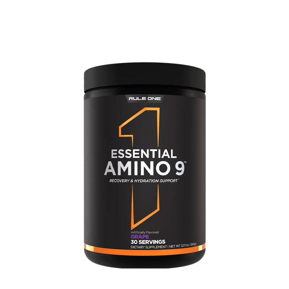Rule One Essential Amino 9 supplement bottle, featuring 30 servings for recovery and hydration support.