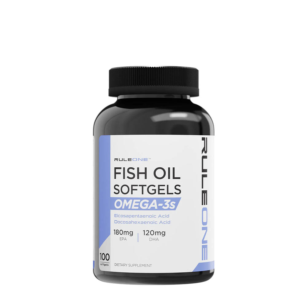 Rule One Fish Oil softgels with 180mg EPA and 120mg DHA for heart and brain health.