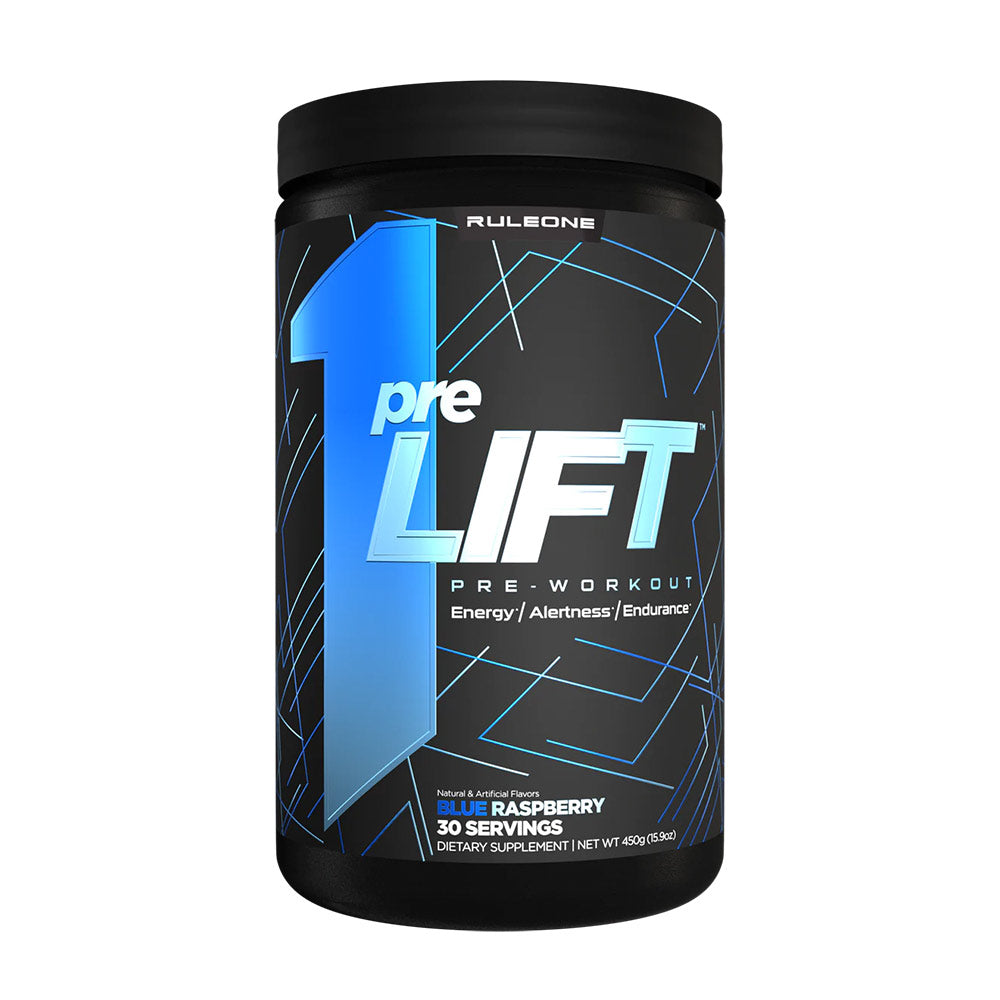 Rule One Prelift pre-workout supplement in blue raspberry flavor, designed for energy, alertness, and endurance.