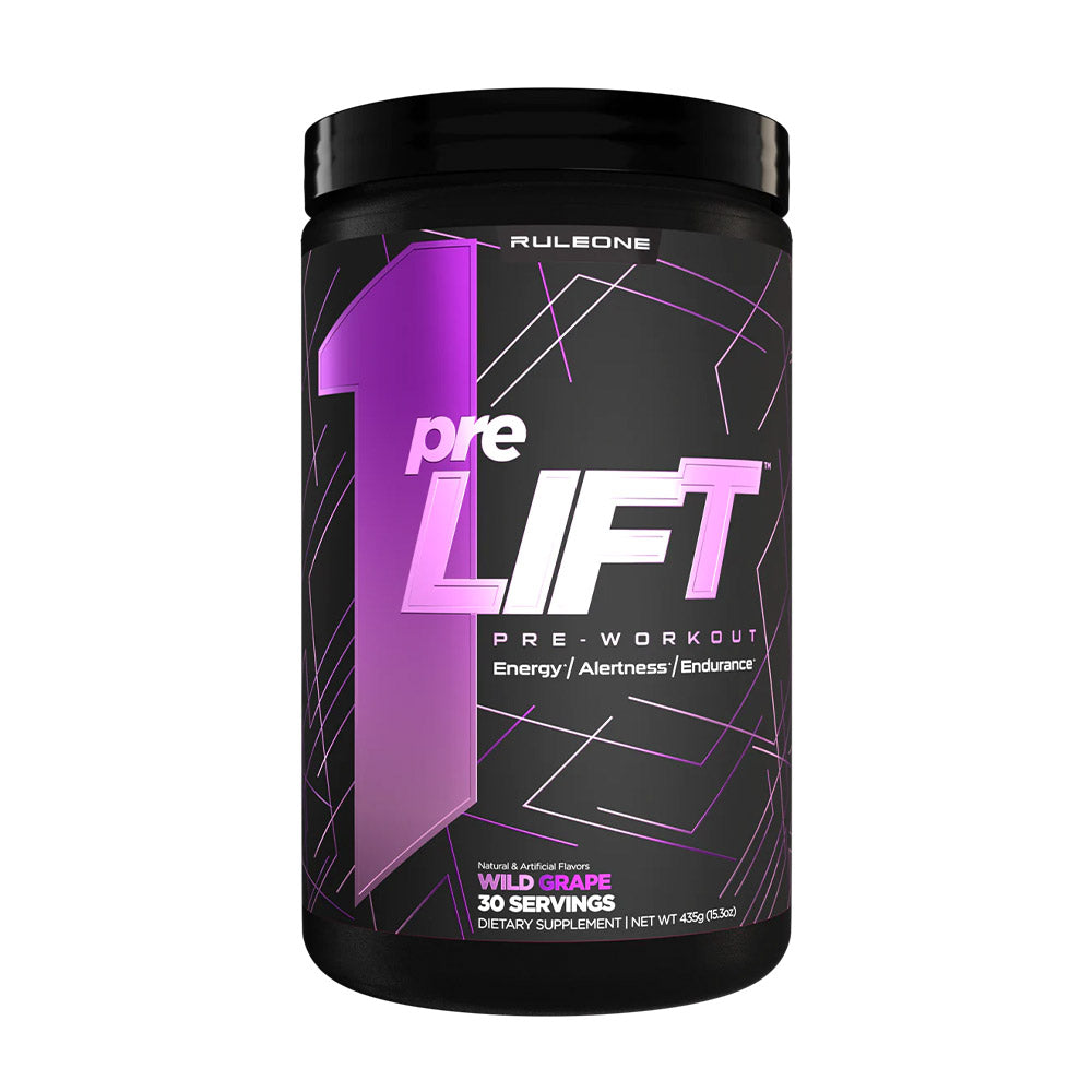 Rule One preLIFT pre-workout supplement in wild grape flavor, enhancing energy, alertness, and endurance.