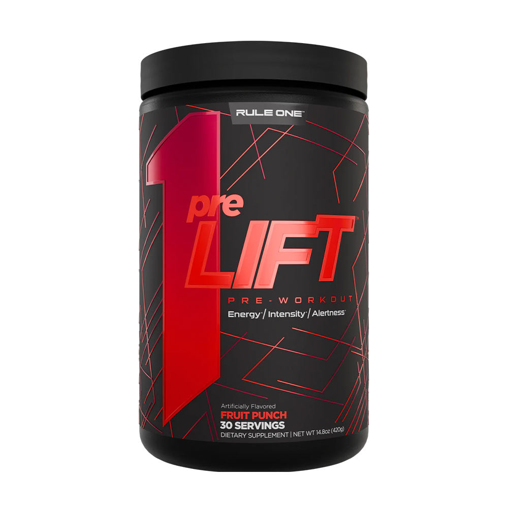 Rule One Prelift fruit punch pre-workout supplement for energy, intensity, and muscle endurance with 30 servings.