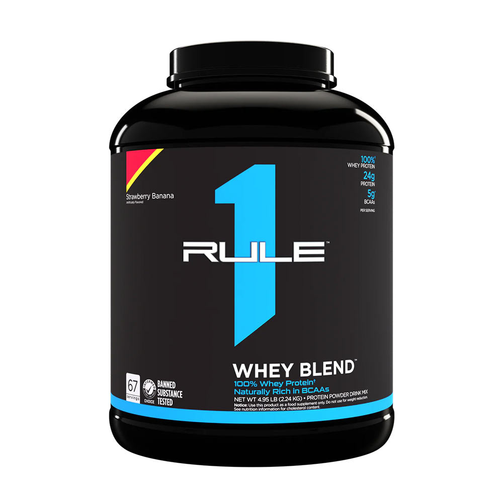 Rule One Whey Blend protein powder in strawberry banana flavor, featuring 24g protein per serving, 100% whey protein.