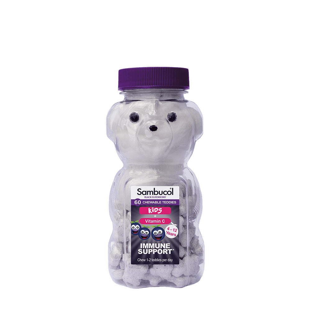 Sambucol Kids Teddies bottle for immune support with vitamin C, designed for children's health.