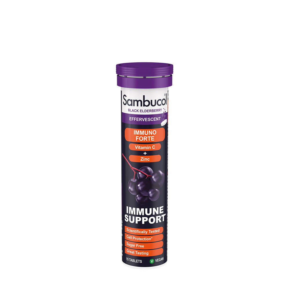 Sambucol Immuno Forte effervescent tablets with black elderberry, vitamin C, and zinc for immune support.