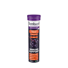 Sambucol Immuno Forte effervescent tablets with black elderberry, vitamin C, and zinc for immune support.