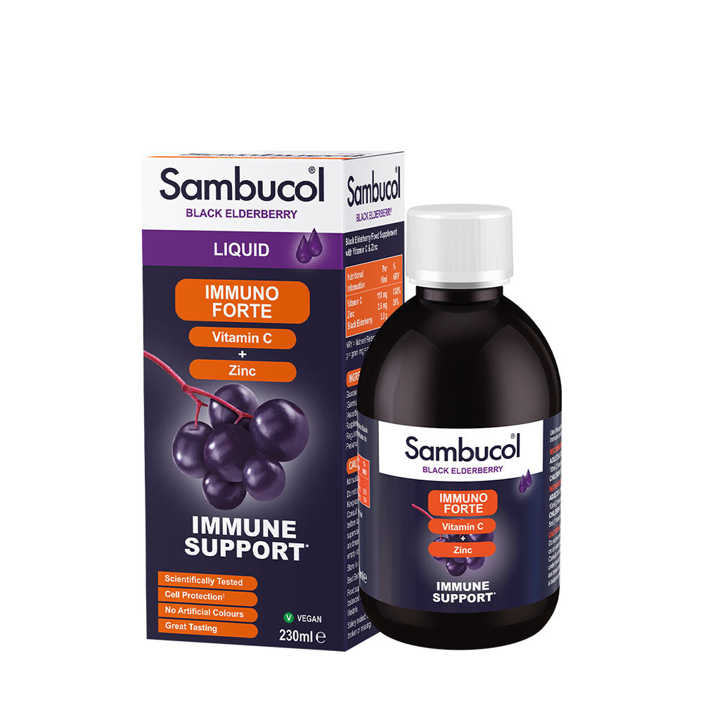 Sambucol Immuno Forte liquid with black elderberry, vitamin C, and zinc for immune support.