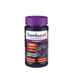 Sambucol Immuno Forte Gummies for immune support with black elderberry, vitamin C, and zinc in a 30-count bottle.