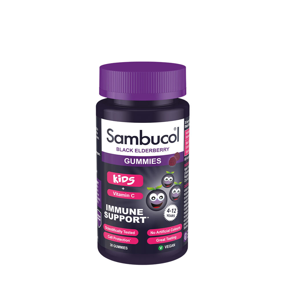 Sambucol Kids Gummies for immune support with black elderberry, vitamin C, and zinc, designed for ages 4-12.