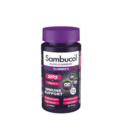 Sambucol Kids Gummies for immune support with black elderberry, vitamin C, and zinc, designed for ages 4-12.